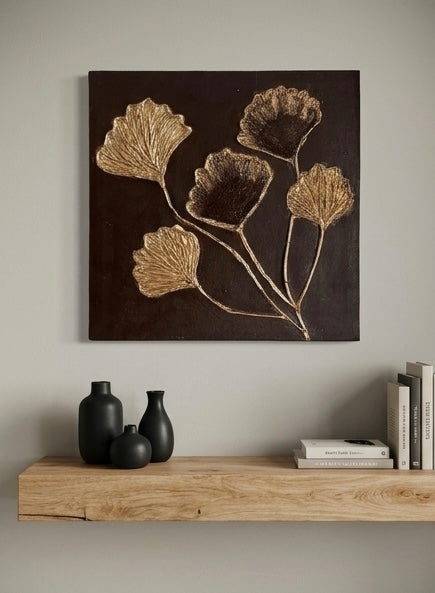 Midnight Ginkgo – 3D Textured Gold Relief Canvas