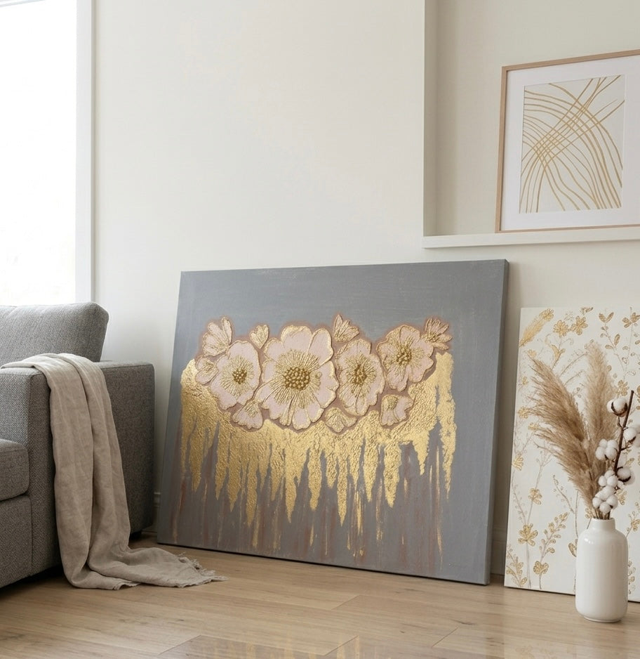 Ethereal Bloom: Hand-Textured Floral & Gold Leaf Canvas